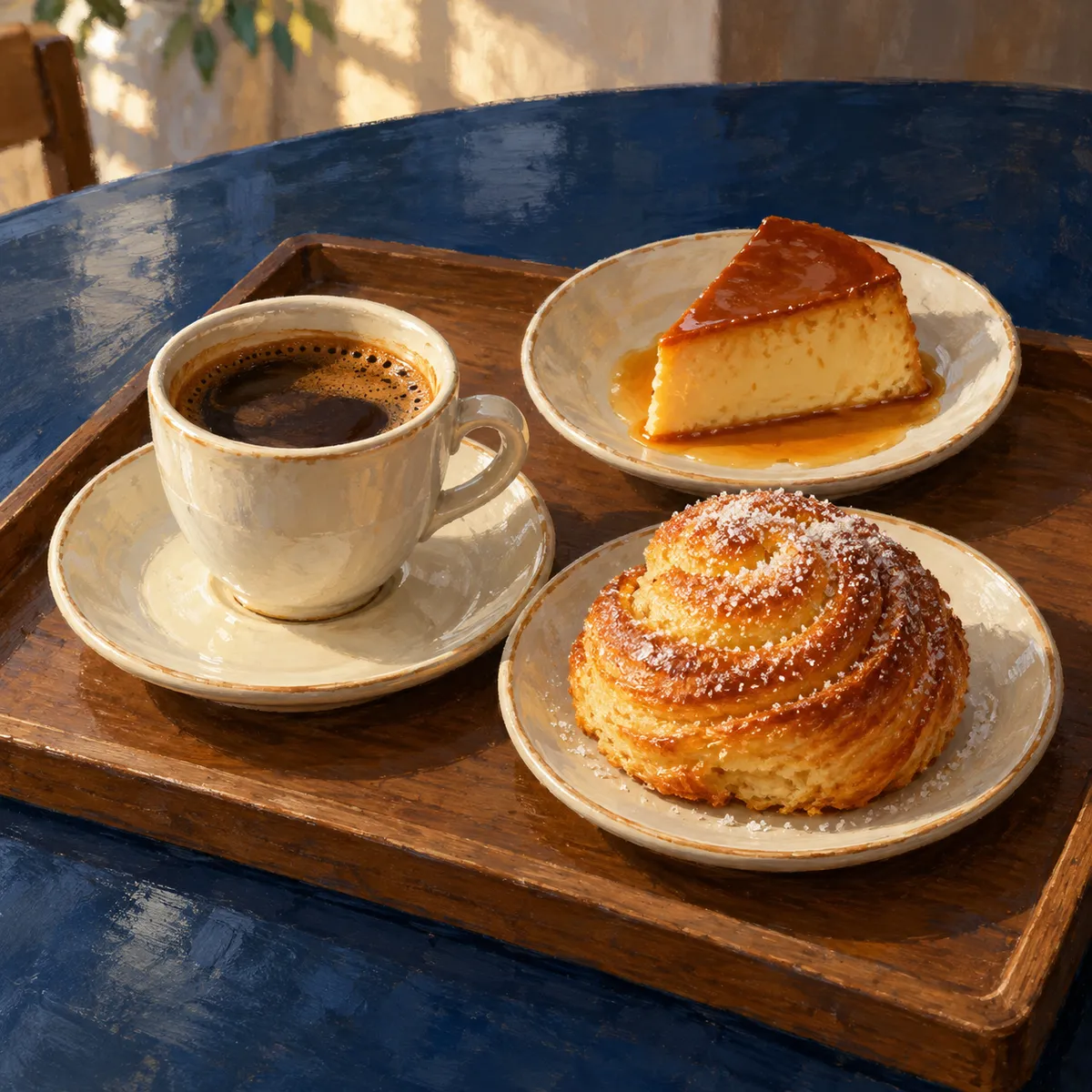 Illustrative painting of a cup of coffee and a sweet pastry, not a photo of the restaurant's food