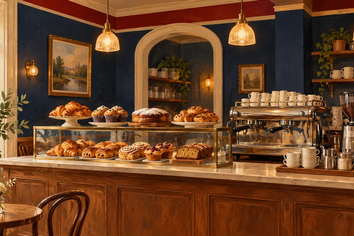 Illustrative painting of a small cafe counter with pastries, a coffee maker and a row of warm light, not a photo of the restaurant