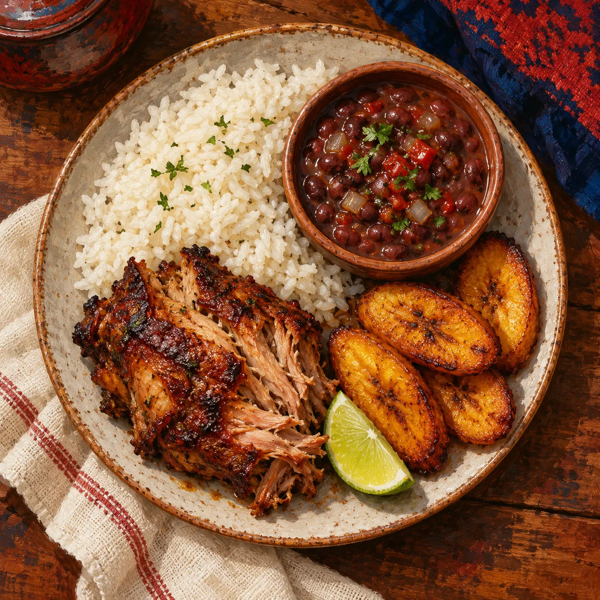 Illustrative painting of a Puerto Rican style plate with rice, beans and meat, not a photo of the restaurant's food