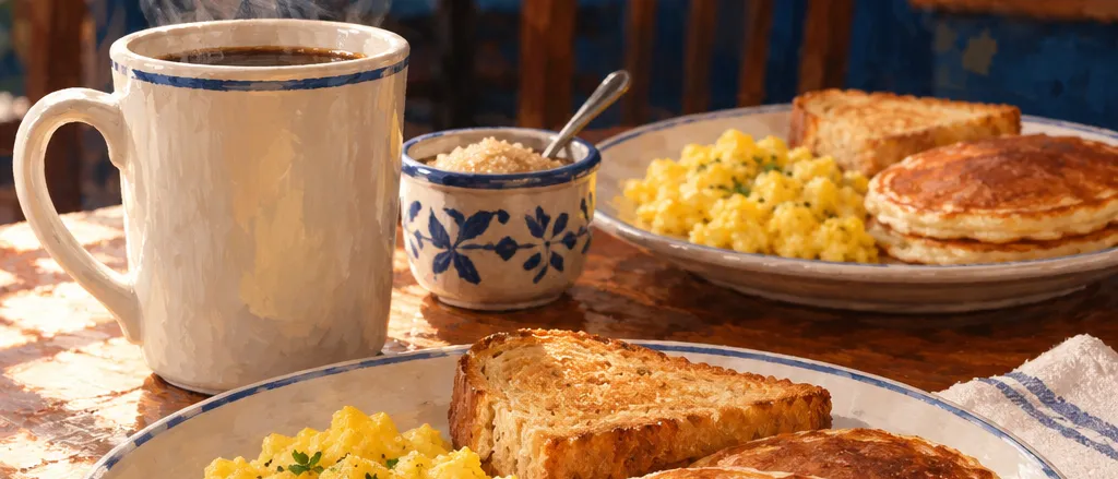 Illustrative painting of a breakfast table with scrambled eggs, toast, pancakes and a cup of coffee with steam, not a photo of the restaurant's food